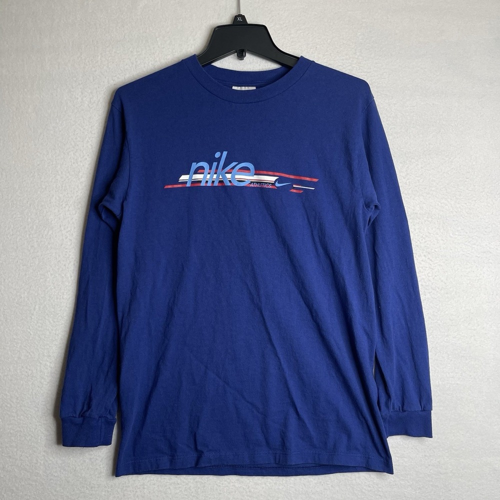 Vintage Nike Spell Out Center Logo Long Sleeve Graphic Tee Shirt 90s Men M Blue